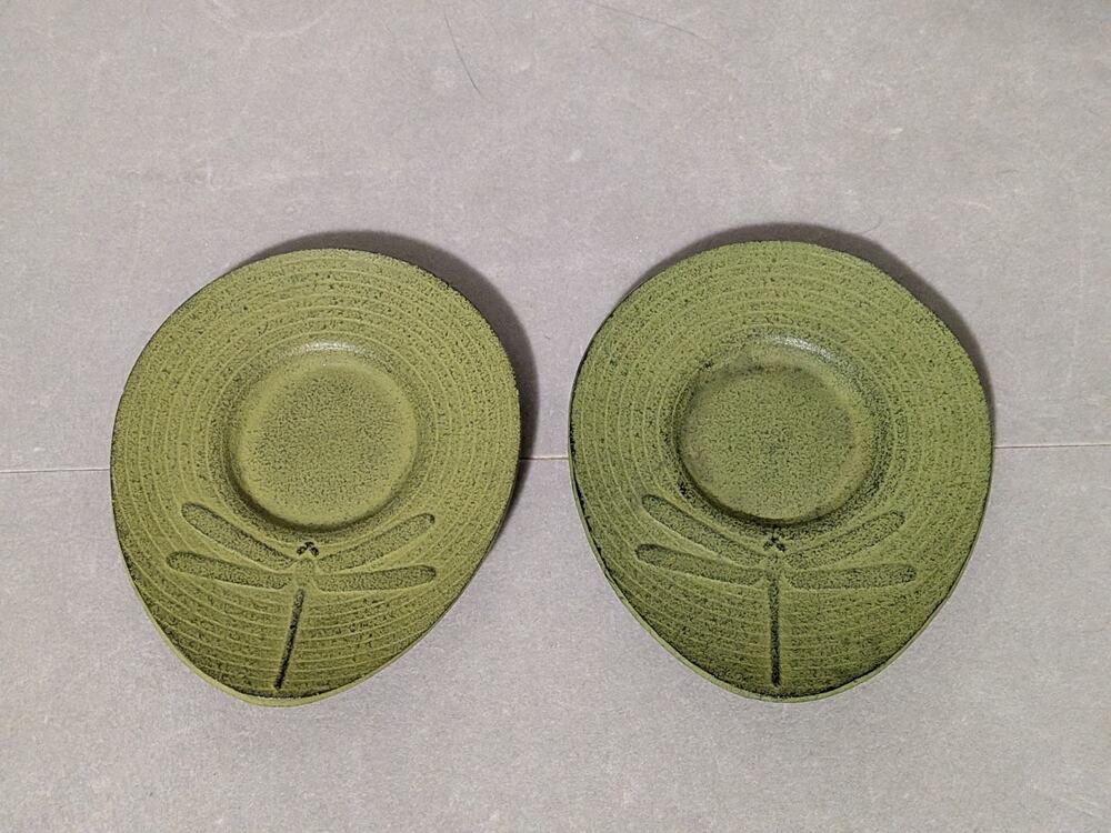 Set of 2 Teavana Green Dragonfly Cast Iron Teacup Coasters Saucers Japanese